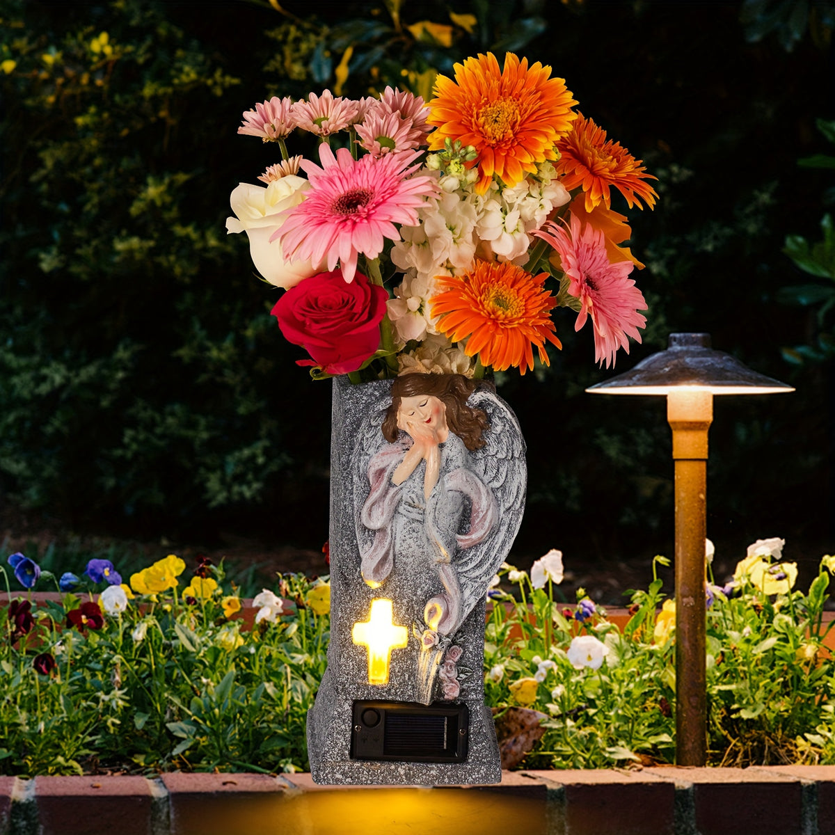 Solar Cemetery Grave Vase with LED for Fresh/Artificial Flowers Headstones Vases with Spikes Gravestone Decor Memorial Gifts for Loss of Loved One