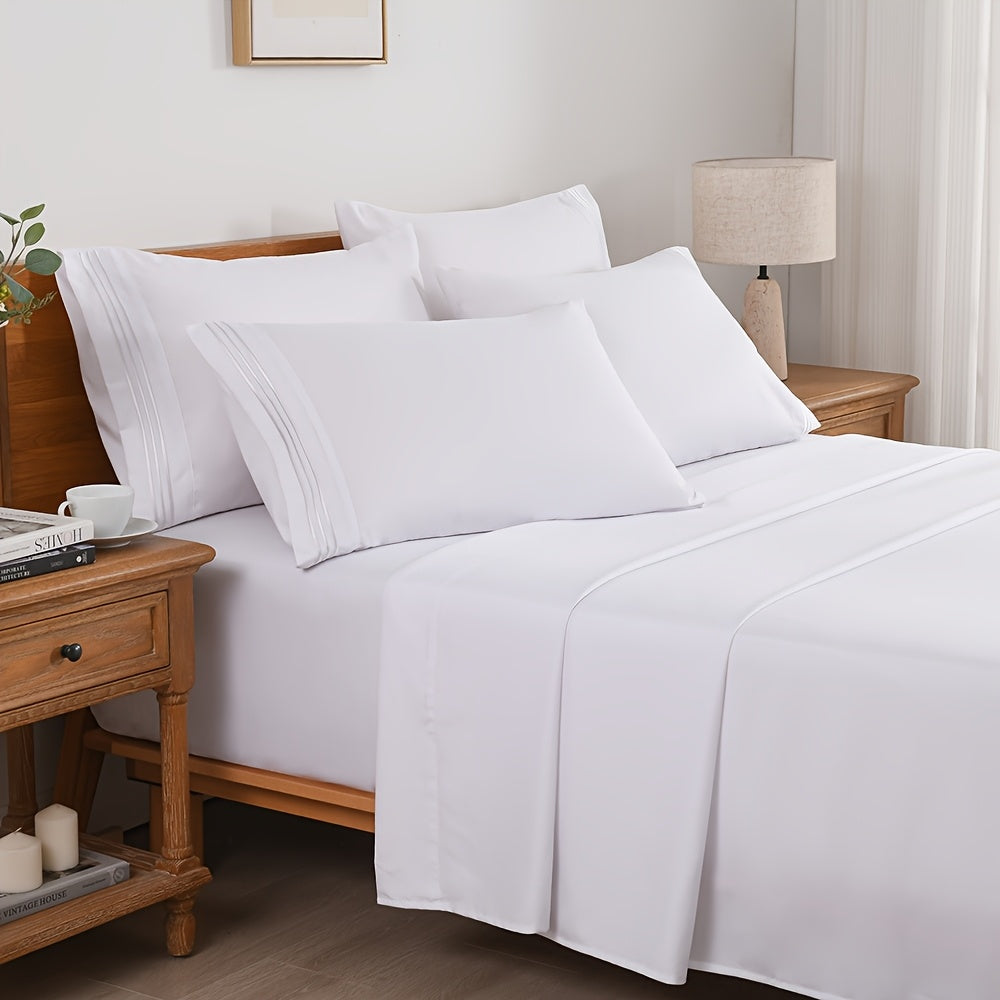 6pcs Summer Cooling Bed Sheet Set, 18 Inch Deep Pocket Ultra Soft Breathable Polyester Solid Color Bedding Three Embroidery 100 GSM Anti Fading Wear Resistant Wrinkle Free Easy Care Bedroom Home Decor