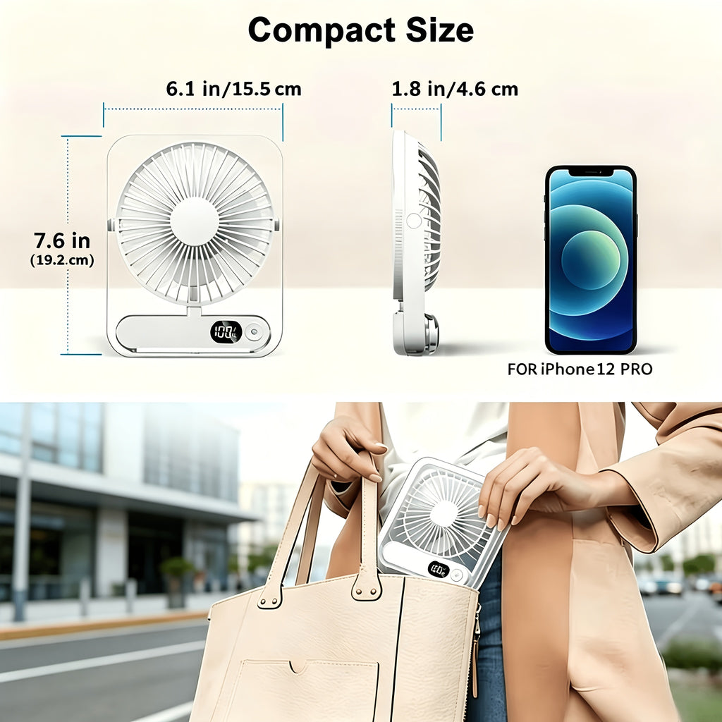 Portable USB Desktop Fan with 3000 Mah Battery - Ultra-Quiet, 5 Speeds, 180° Adjustable And Foldable Design, Digital Power Display, Suitable for Home, Office, And Travel Use, for Travel, For Outdoor Camping Travel