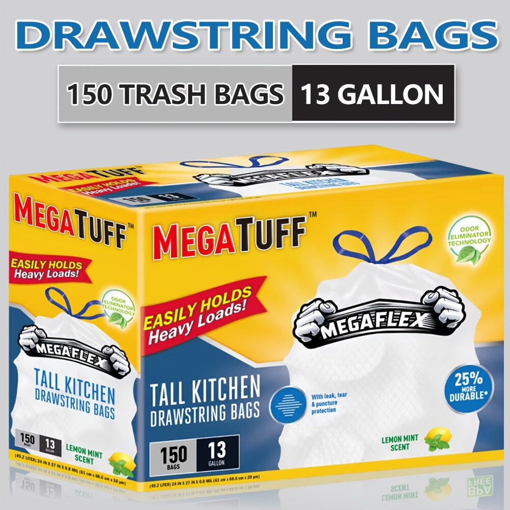 150 Bags Boxed Disposable Non Tear Garbage Bag Puncture Tear Resistant Trash Bags, 50 Bags/Roll 13 Gallon Capacity, ODOR ELIMINATORTECHNOLOGY Kitchen Drawstring Garbage Bags Fresh Clean Scent with Lemon Mint Scent, EASY to USEDRAWSTRINGS MORE DURABLE