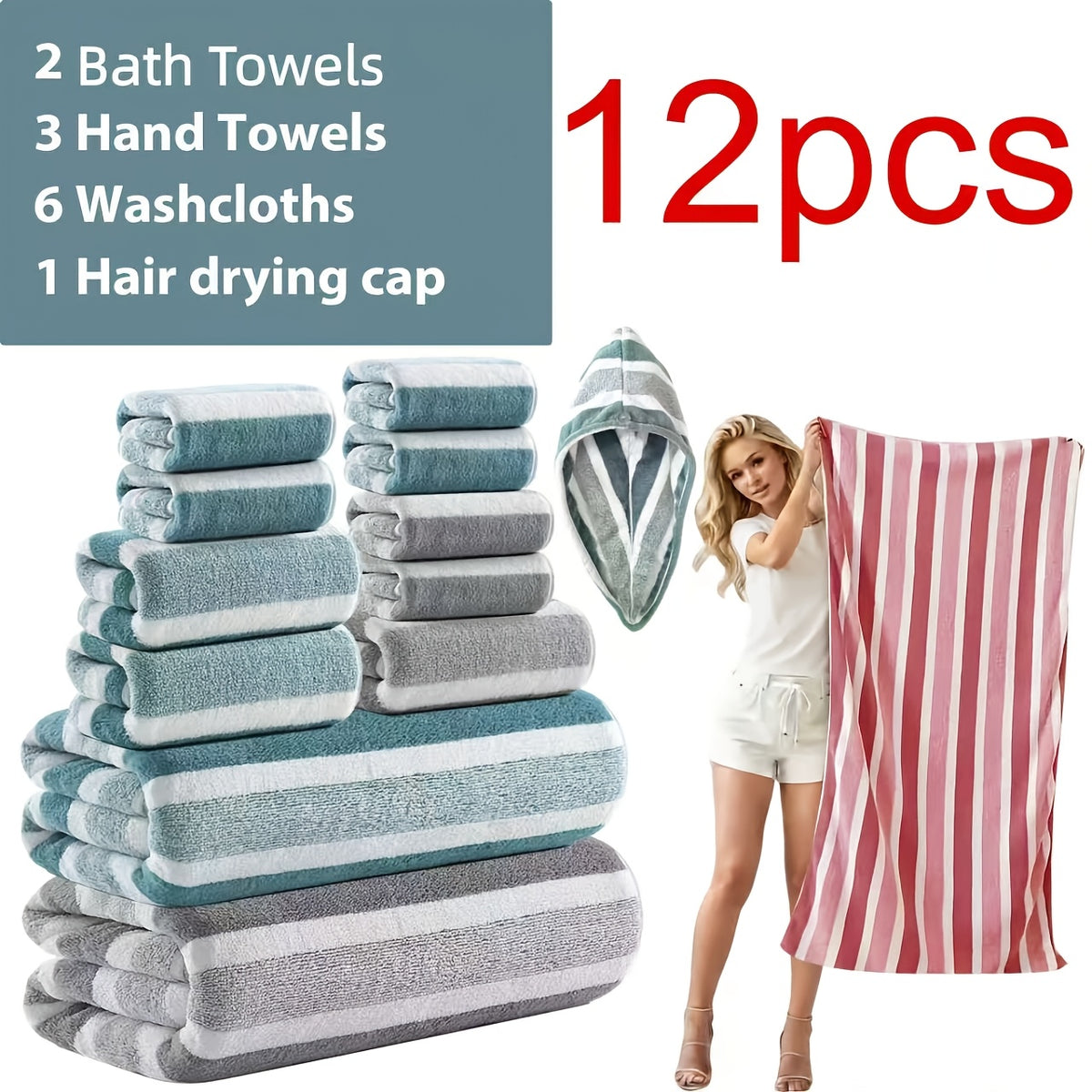 [Ultra-Soft Towel Set] 12/8pcs Towel Set, Ultra-Soft Towel Set with Excellent Absorbency And Quick-Drying Performance, 8pcss Include (1 Large Bath Towel, 2 Medium Bath Towels, 4 Small Bath Towels, 1 Hair-Drying Towel)