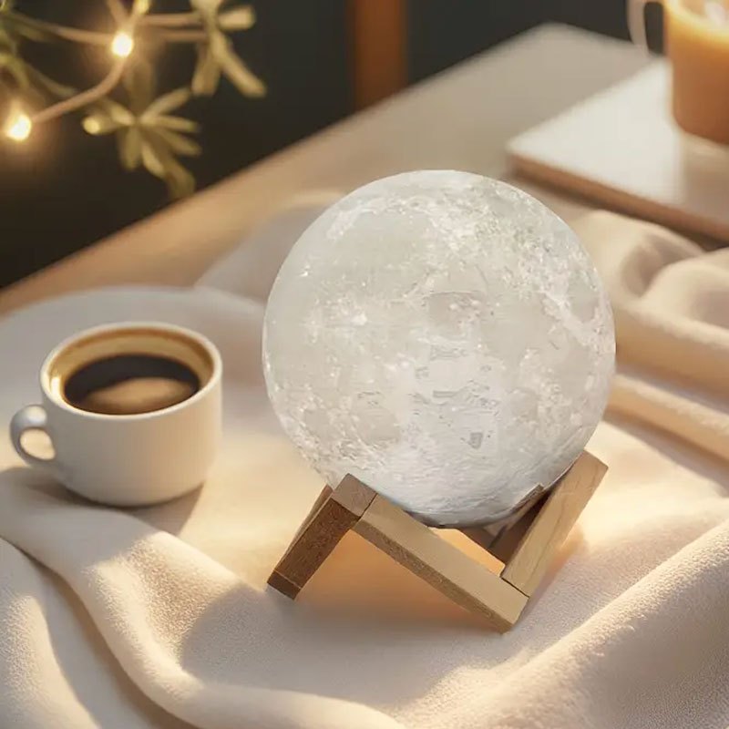 16-Color RGBW LED Moon Lamp with Remote Control & Wooden Stand - 3D Printed Night Light, USB-Powered Bedside Lighting, 6.1-Inch Realistic Moon Design for Bedroom, Room Decor, Birthday Gifts for Women, Moms, Friends (Plastic Construction
