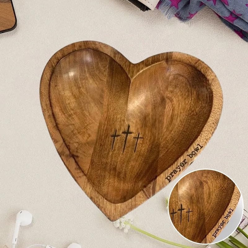 Easter Retro Wooden Heart Prayer Bowl And 30 Prayer Card Set, Handcrafted Decorative Bowl, Wooden Heart-Shaped Prayer Bowl with Carved Cross And "Prayer Text" -Perfect Home Decor, Kitchen Food Rack