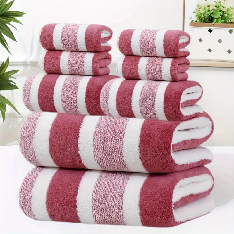 8pcs Lint-Free Super Absorbent Soft Five-Star Hotel Standard Two-Color Striped Spaced Bath Towel Set, Including 2 Large Bath Towels, 2 Medium Bath Towels And 4 Small Bath Towels, Wash Cloths