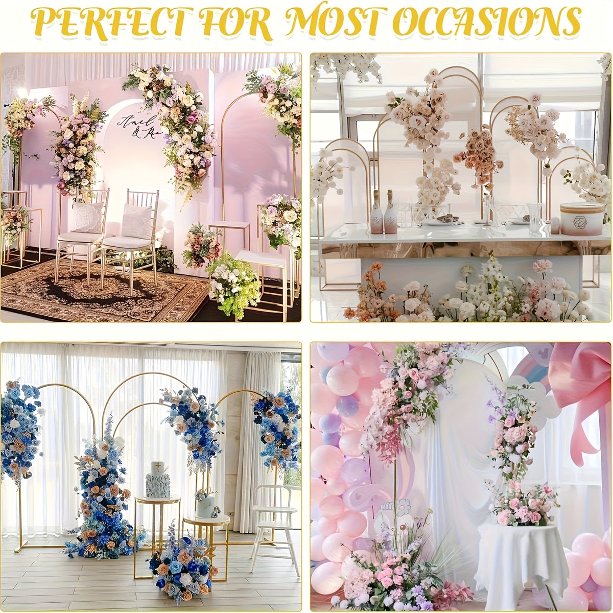 2pcs Heavy Duty Metal Wedding Arch Backdrop Set (7.2Ft And 6Ft) - Sturdy Frame with Golden Powder Coating, Easy to Assemble Balloon Flower Arch for Weddings, Birthdays, Eid And Ramadan Decorations - Indoor/Outdoor Party Decor, Halloween, Christmas