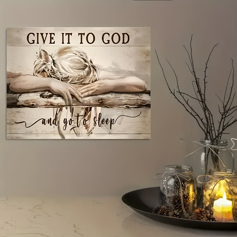 1pc Framed Painting Sleeping Girl Give It To God And Go To Sleep Canvas Posters And Prints Wall Art Pictures With Frame For Living Room & Bedroom, Home Decoration, Festival Gift For Her/Him, Ready To Hang  for Halloween&Christmas
