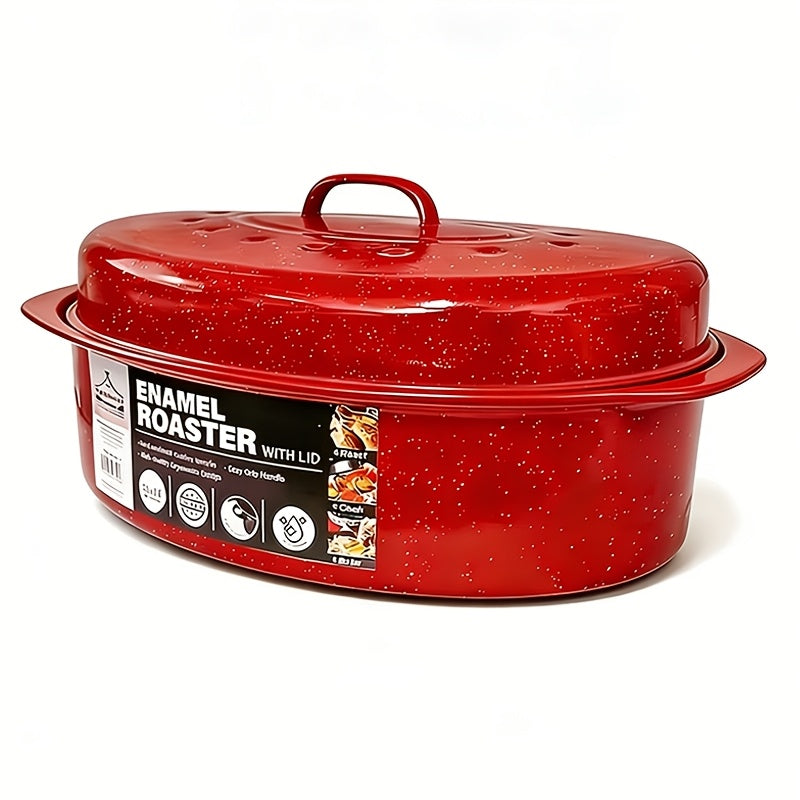 Enamel Roasting Pan with Lid, Oval Nonstick Carbon Steel Turkey and Chicken Roaster in 13 or 16 Inch Options for Oven Baking and Family Meals