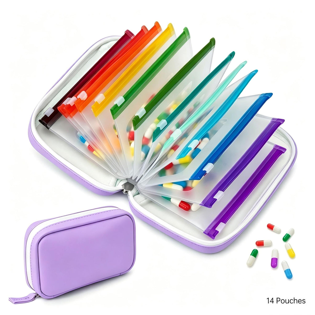1 Pack of A8 Waterproof Pill Storage Bag Set, Large Weekly Pill Organizer with 14 Color-coded Pill Bags, Reusable Travel Medicine Storage Bag, Zipper Pill Storage Bag, Suitable for Fish Oil, Vitamins