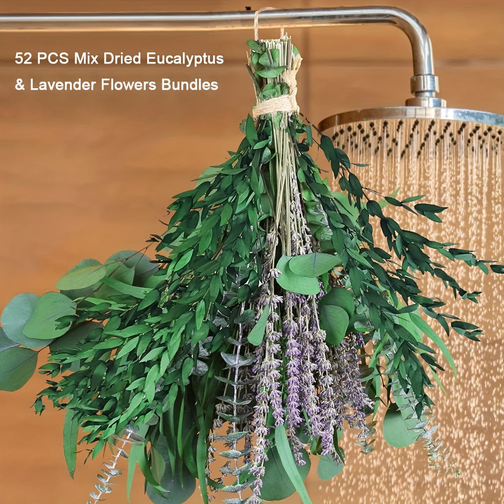 52pcs Natural Dried Eucalyptus & Lavender Bundle - Fragrant Shower Hanging Plant Mix with Silvery Dollar Leaves for Home Bathroom Decor
