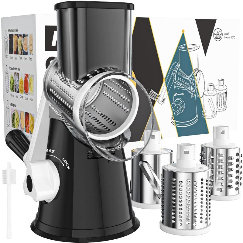 Rotary Cheese Planer Hand Crank Cheese Shredder Fresh Cheese, Vegetable Nuts, Non-Slip Suction Base, Free Cleaning Brush Three Blades