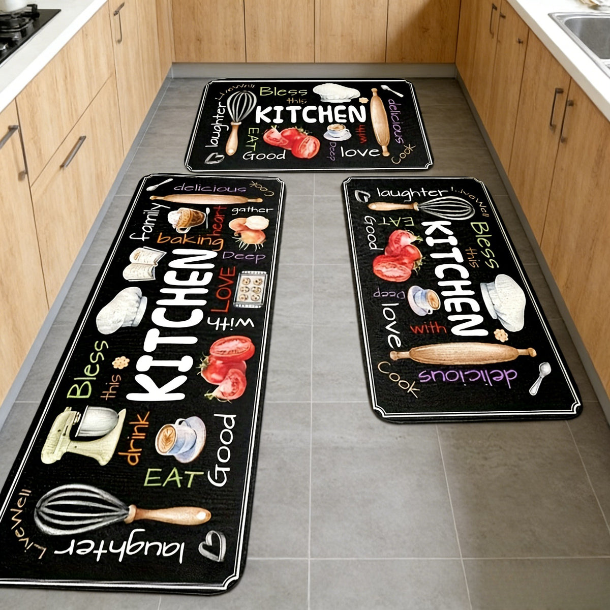 3pcs Set Of Kitchen Floor Mats, Designed with Colorful Fonts And Tableware, Soft And Comfortable, Easy to Clean, Suitable for Kitchen, Bathroom, Living Room, Home Essentials, Gifts for Family And Friend, Kitchen Accessories, Halloween Decorations