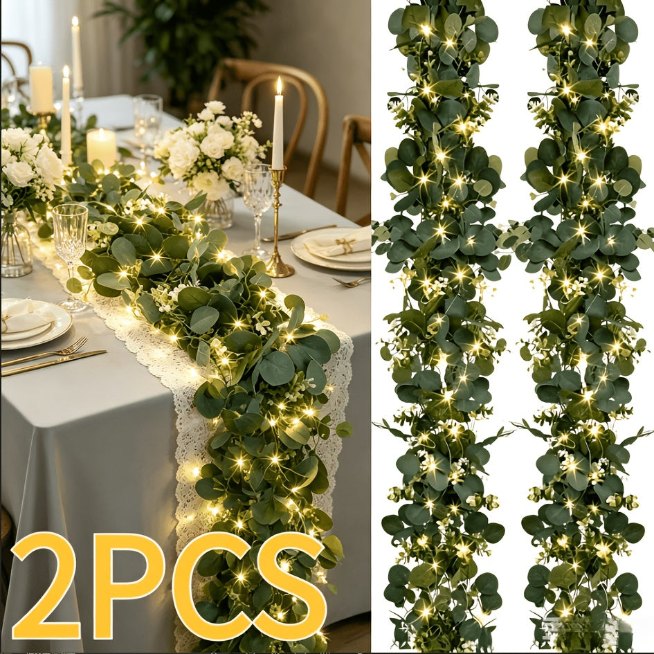 Lighted Eucalyptus Wreath, 2 Packs 6FT Green Flower Wreath Decoration, Artificial Simulated Eucalyptus Leaves Green Vine, Used for Table Runner Wedding Centerpiece Background Decoration(Warm Color)
