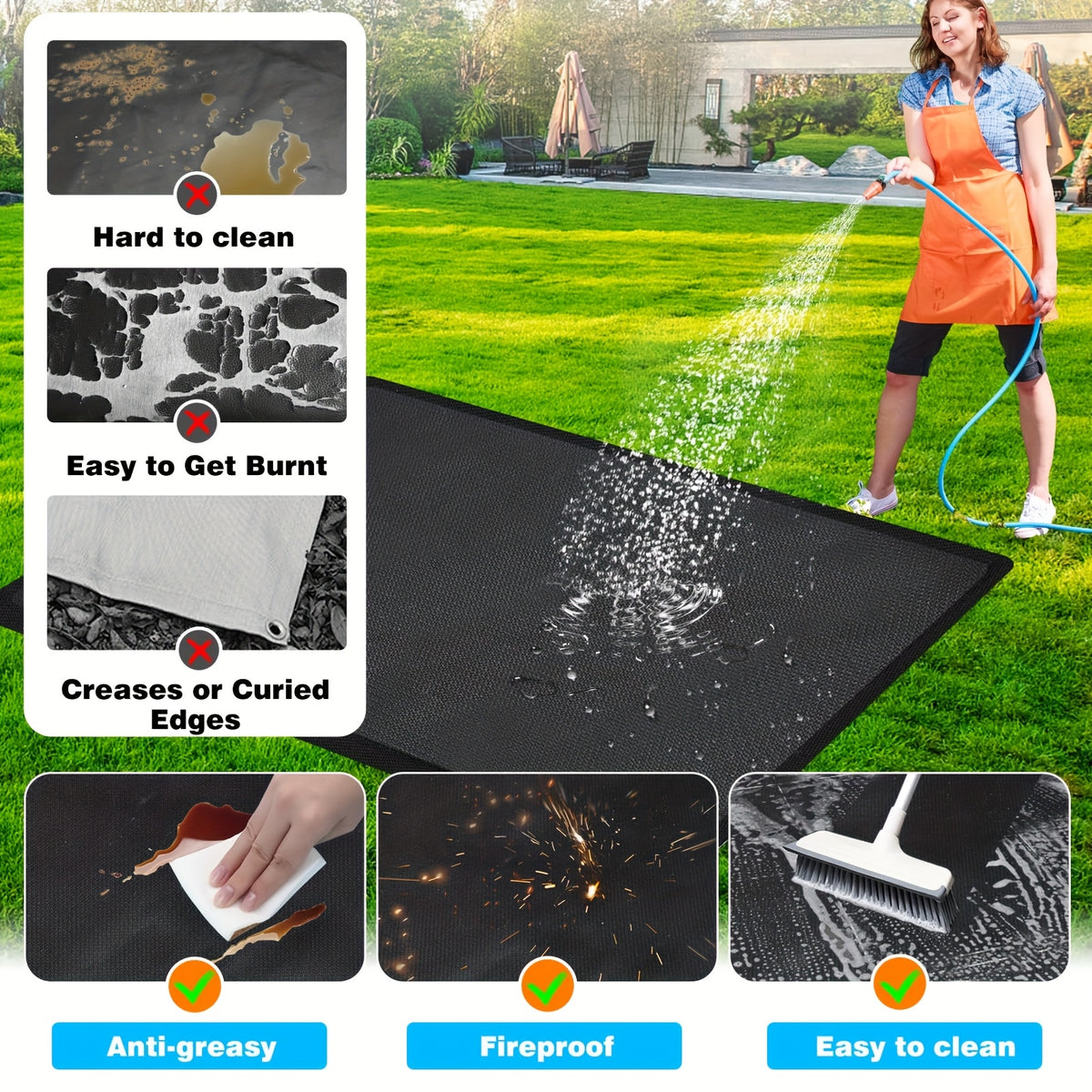 76x 51 Inch Large Grill Mat For Outdoor Grill, Fireproof Waterproof Oil-Proof BBQ Mat For Deck, Patio, Lawn, Or Indoor Fireplace, Easy To Clean Under Grill Protector For Fire Pit And Smoker