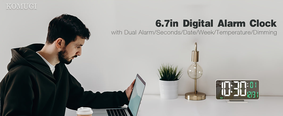 1pc Alarm Clock For Bedroom, 6. 7" Desk Digital Clock, Led Clock, Mirror Clock, Dual Alarm Clock For Living Room With Seconds, Date, Week, 12/24h, Dimming