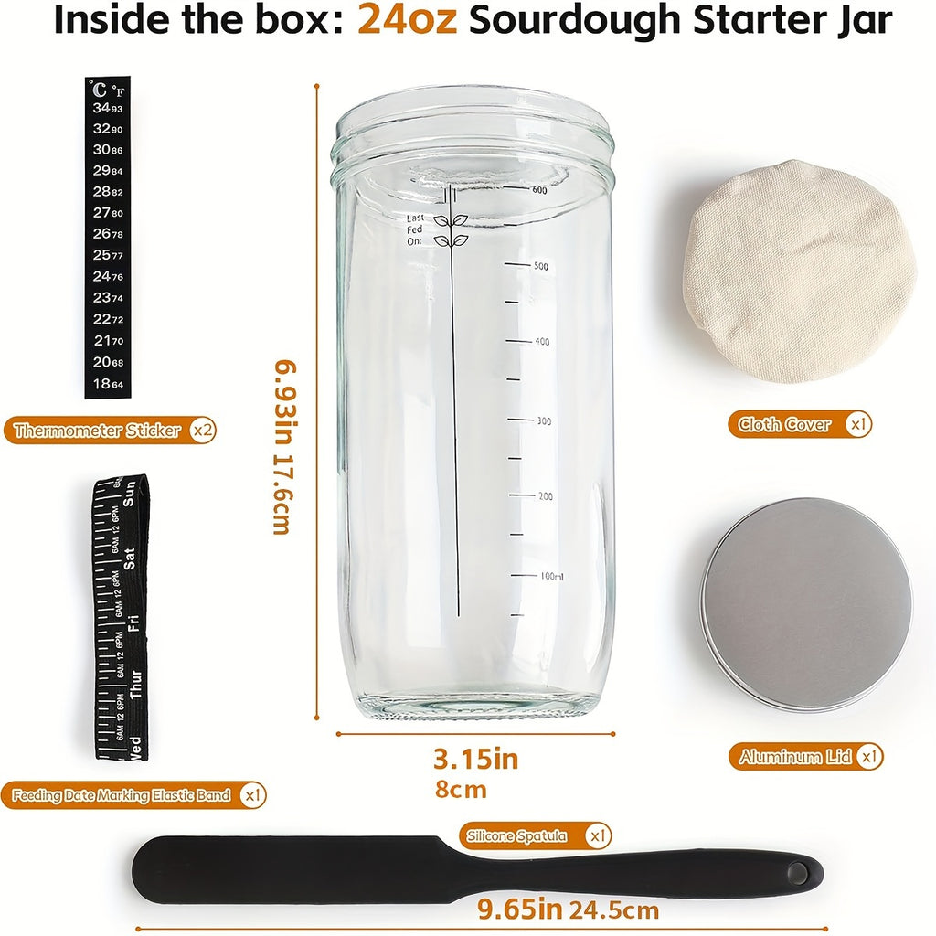 1/2pcs Fermentation Jar 24oz, Glass Jar with Auxiliary Label, Fermentation Jar Kit Set, Thermometer, with Scraper, Stitched Cloth Lid and Aluminum Lid, Suitable for Bread Baking Supplies, Juice Fermentation Glass Jar