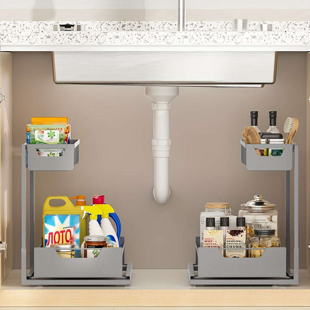 2-Tier Sliding Under Sink Organizer Rack Kitchen Lower Sink Sorting Sliding Pull-out Cabinet Sorting Rack Metal Sliding Drawer For KitchenBathroom Refrigerator Cabinet Organization Rack Simple And Practical Kitchen Storage Essentials (1pack/2pack)