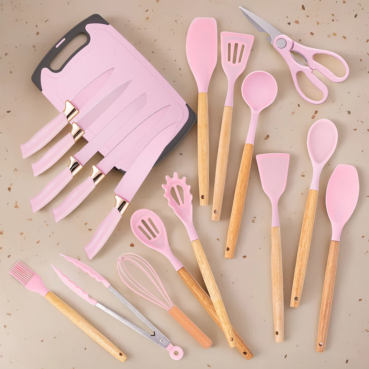 19pcs Kitchen Knife And Utensil Set, Non-Stick Black Knife Set with Wooden Handles, Silicone Cooking Tools, Cutting Board, Scissors And Holder, Best Gift for Parents