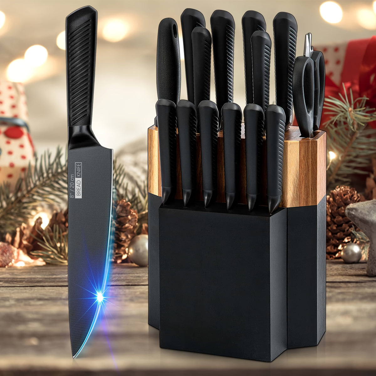 Stainless Steel Knife Block Set, 15 Piece Kitchen Knife Collection with Steak Knives and Storage Block in Five Styles for Everyday Home Cooking