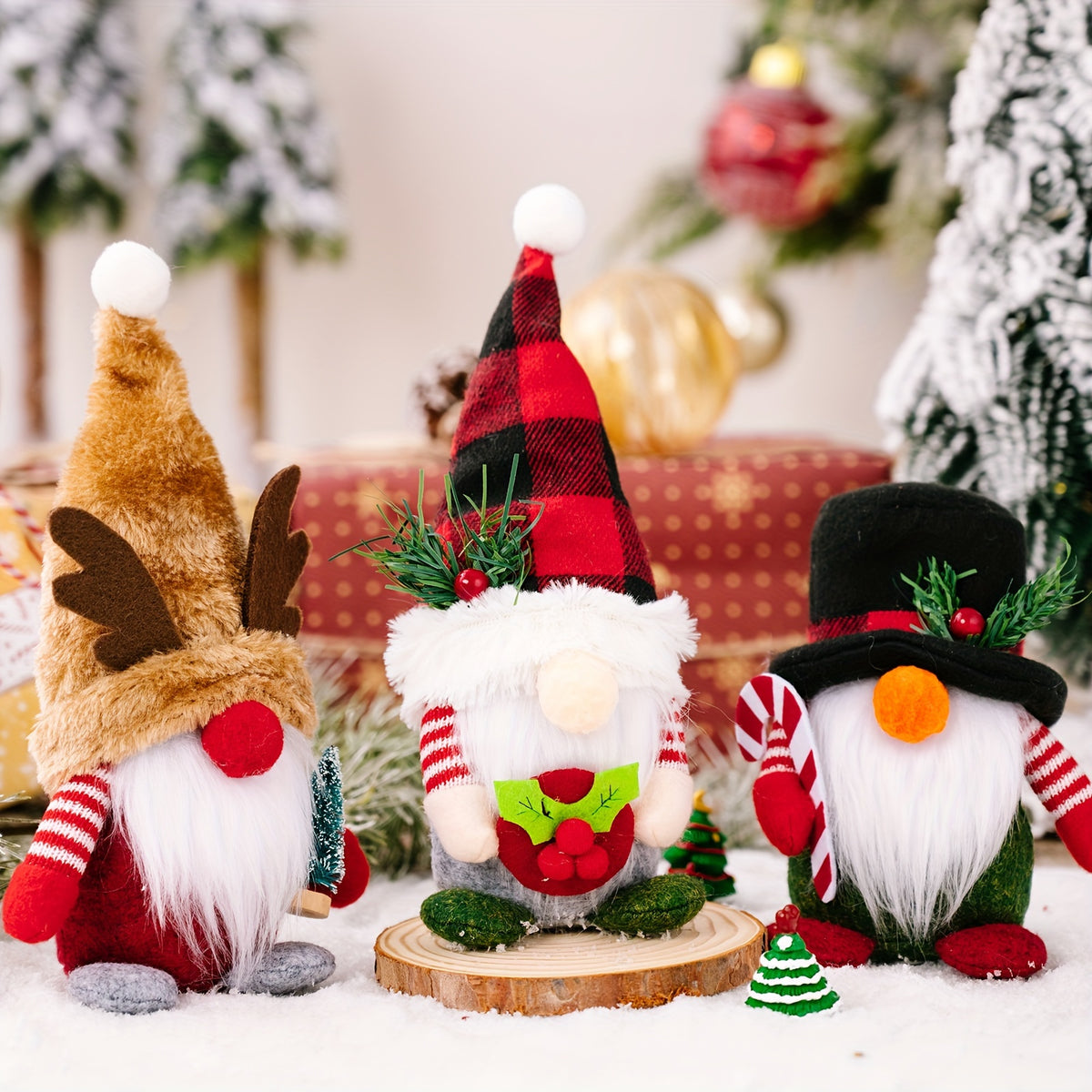 3Pcs Christmas Decorations, Plaid Hats, Forest Elderly Decorations, Deer Antler Dwarf Rudolf Dolls, Christmas Decorations, Elegant Decorative Tabletop Faceless Dwarf Standing Dolls, Creative Decorative Doll Tabletop Decorations