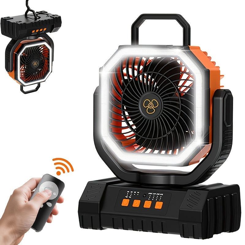 Portable Camping Fan with LED Light 20000Mah Rechargeable Battery Remote Control And Oscillating Function, 4 Wind Speeds, 90° Oscillation, 1-8 Hour Timer, Remote Control Included. Suitable for Indoor And Outdoor Use, Tents, Travel