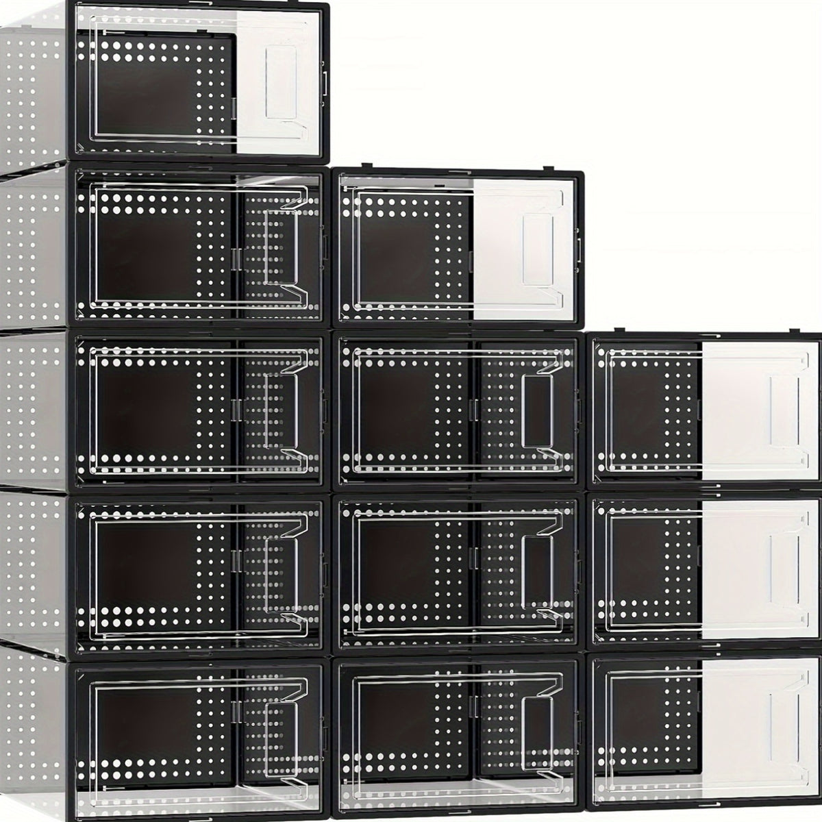 12 Pack XX Large Shoe Organizer Storage Boxes for Closet, Modular Space Saving Shoe Boxes Clear Plastic Stackable Sneaker Containers Display Case with Lids, Black02