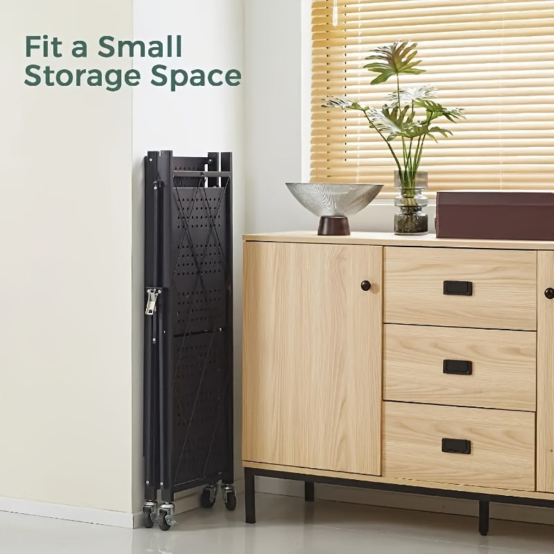 3-Layer Foldable Storage Rack with Wheels | High Load-bearing Capacity, Suitable for Garage and Kitchen Use, Black Iron Shelving Unit, Practical and Multipurpose, Utility Racks