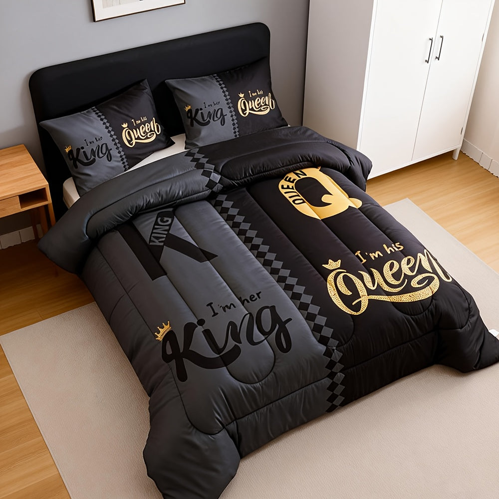 Tog 3 3pcs Super Soft Breathable Black Grey Color Blocking Crown Letter Thickening Quilt Set (1 Comforter +2 Pillowcases Without Pillow Core), Contains Padding 180gsm Quilting Soft Ventilate Digital Printing Bedroom Dormitory At Home