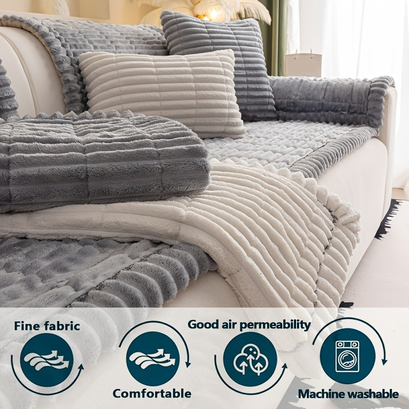 Bohemian Ruffle Sofa Cover, Single Piece Thick Plush Couch Pad in Four Neutral Colors for Loveseats, 3 and 4 Seater Seating and Cozy Living Room Decor