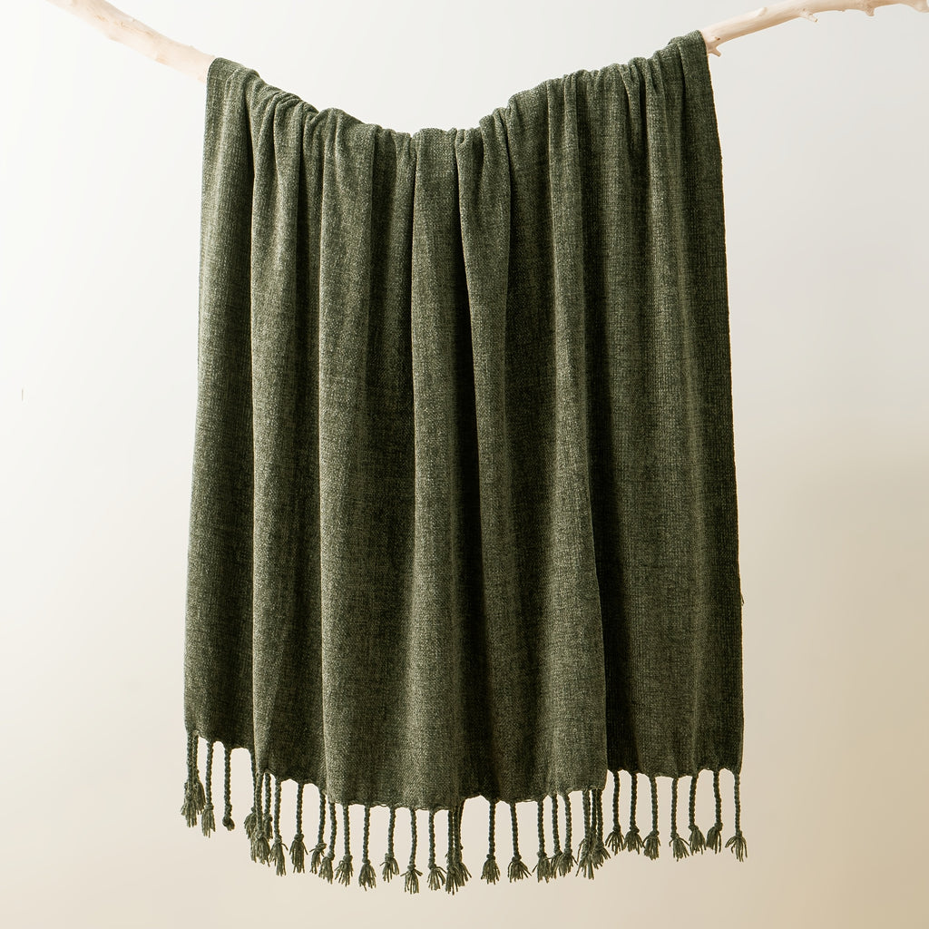 Decorative Fringe Velvety Throw Blanket for Sofa Home Decor, Chenille Throw Blanket for Couch, 50"x60"