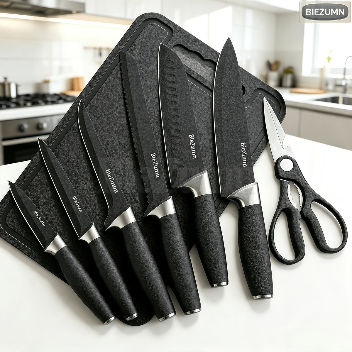 15pcs Black Kitchen Knife Set with Stainless Steel Blades, Non-Stick Coating, And Lightweight Ergonomic Handles- Professional Chef Knives for Home And Commercial Use, Sharp And Durable Utensil Set with Knife Block And Scissors