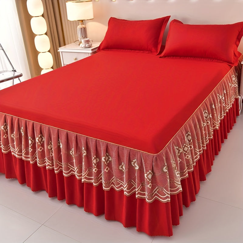3pcs Macrame Bed Skirt Set (Bed Skirt *1+ Pillowcase*2, Without Core), Solid Color Double Layer Lace Bed Skirt All Seasons Universal Non-Slip Bedding