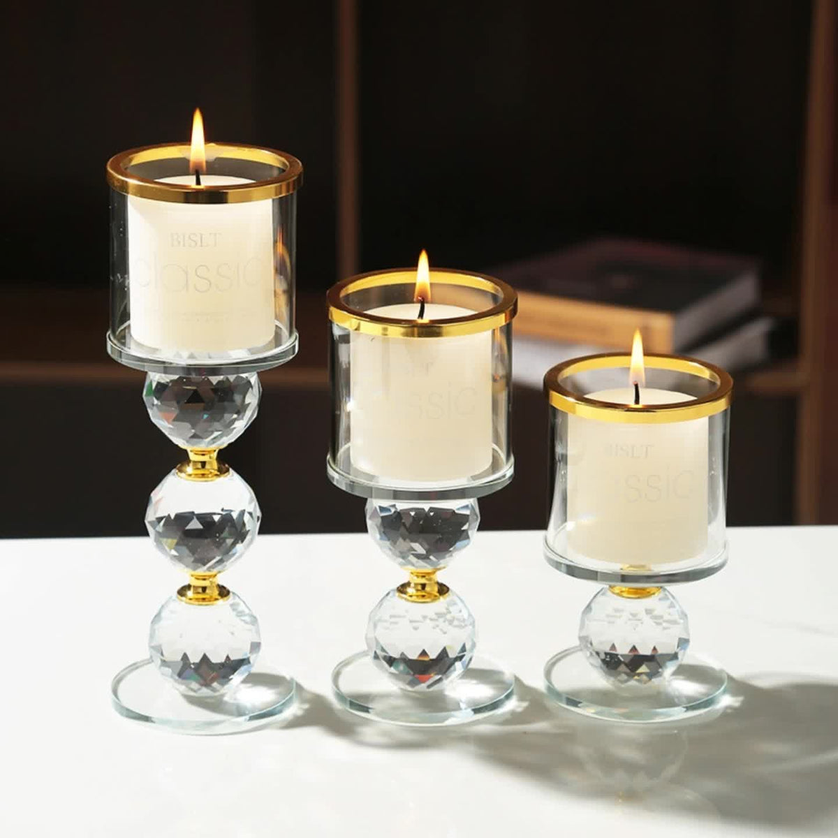 Glass Crystal Candlestick Set of 3 | Polished Lacquered Finish | Romantic Desktop Display for Weddings, Anniversaries, Dates | Home Decoration for Christmas, Halloween, Easter, Thanksgiving, Valentine's Day