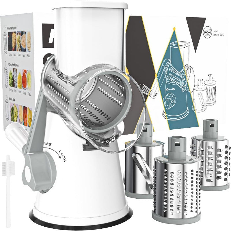 Rotary Cheese Planer Hand Crank Cheese Shredder Fresh Cheese, Vegetable Nuts, Non-Slip Suction Base, Free Cleaning Brush Three Blades