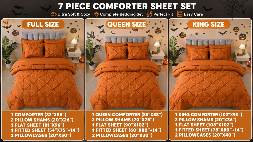 Cosybay 7 Piece Pinch Pleated Comforter Set Queen King Size, Luxury Soft Fluffy Bedding Includes 1 Comforter, 1 Extra Deep Pocket Fitted Sheet, 1 Flat Sheet, 4 Pillowcases & Pillow Covers, Perfect for Halloween Party, Holiday Celebrations & Birthday