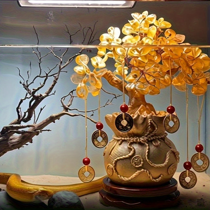 Elegant Golden Resin Wealth Tree With Natural Crystal Leaves - Attracts Prosperity & Fortune, Feng Shui-Inspired Home Decor, Unique Business Gift, Auspicious Wealth Symbol, Ideal For Reptile Habitat Tree, Crystal Leaf Design, Wealth Tree