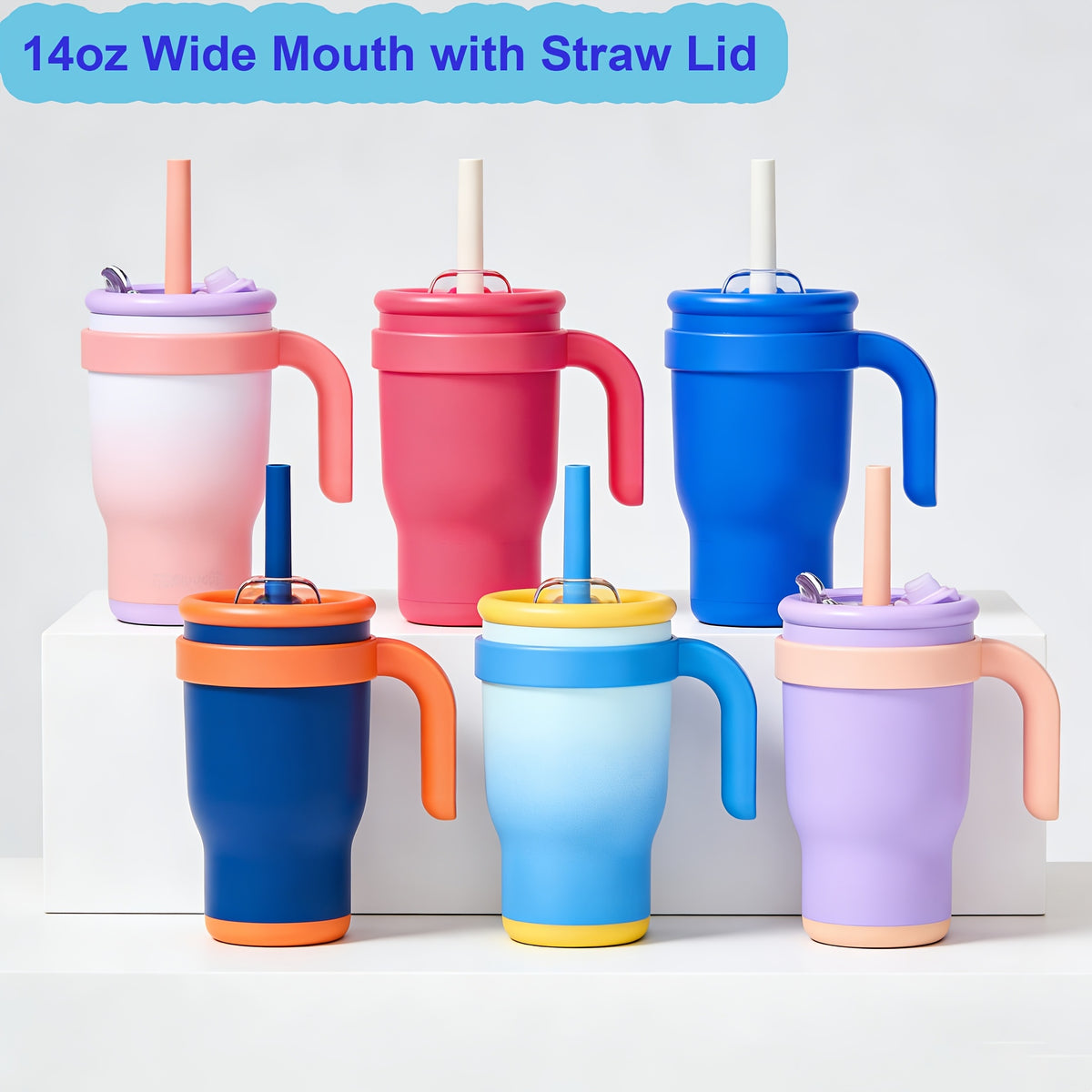 14oz Tumbler with Handle, Insulated Water Bottle with Straw And 2in 1 Lid, Stainless Steel Cup Travel Coffee Mug for Sports Office Gym Kitchen, Free Stickers