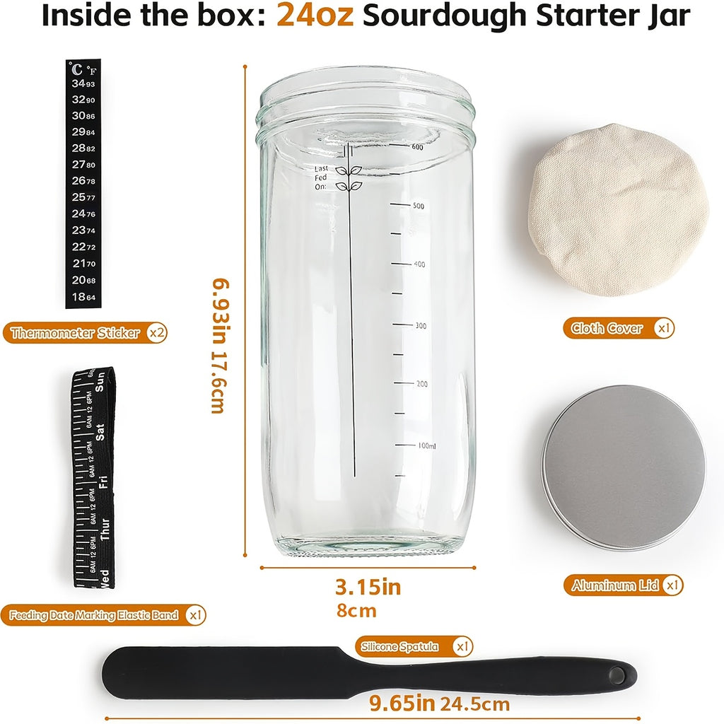 1/2pcs Fermentation Jar 24oz, Glass Jar with Auxiliary Label, Fermentation Jar Kit Set, Thermometer, with Scraper, Stitched Cloth Lid and Aluminum Lid, Suitable for Bread Baking Supplies, Juice Fermentation Glass Jar