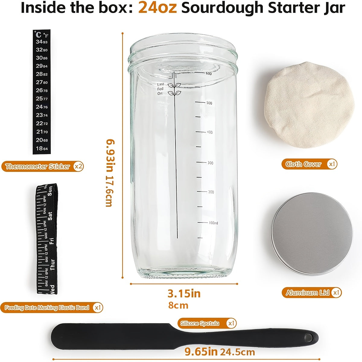 1/2pcs Fermentation Jar 24oz, Glass Jar with Auxiliary Label, Fermentation Jar Kit Set, Thermometer, with Scraper, Stitched Cloth Lid and Aluminum Lid, Suitable for Bread Baking Supplies, Juice Fermentation Glass Jar