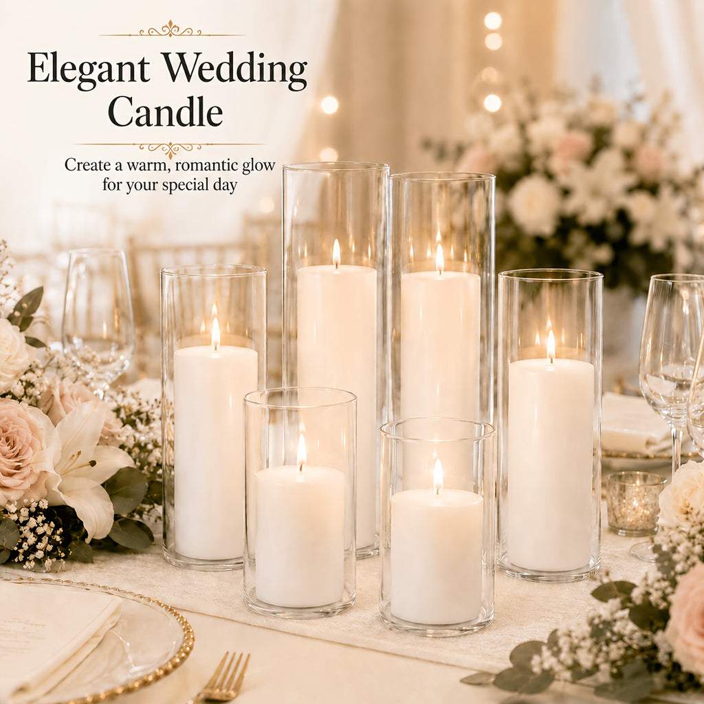 White Pillar Candles with Clear Glass Hurricane Holders- Elegant Cylinder Candle Vases for Weddings, Parties, Centerpieces, Home & Office Decor