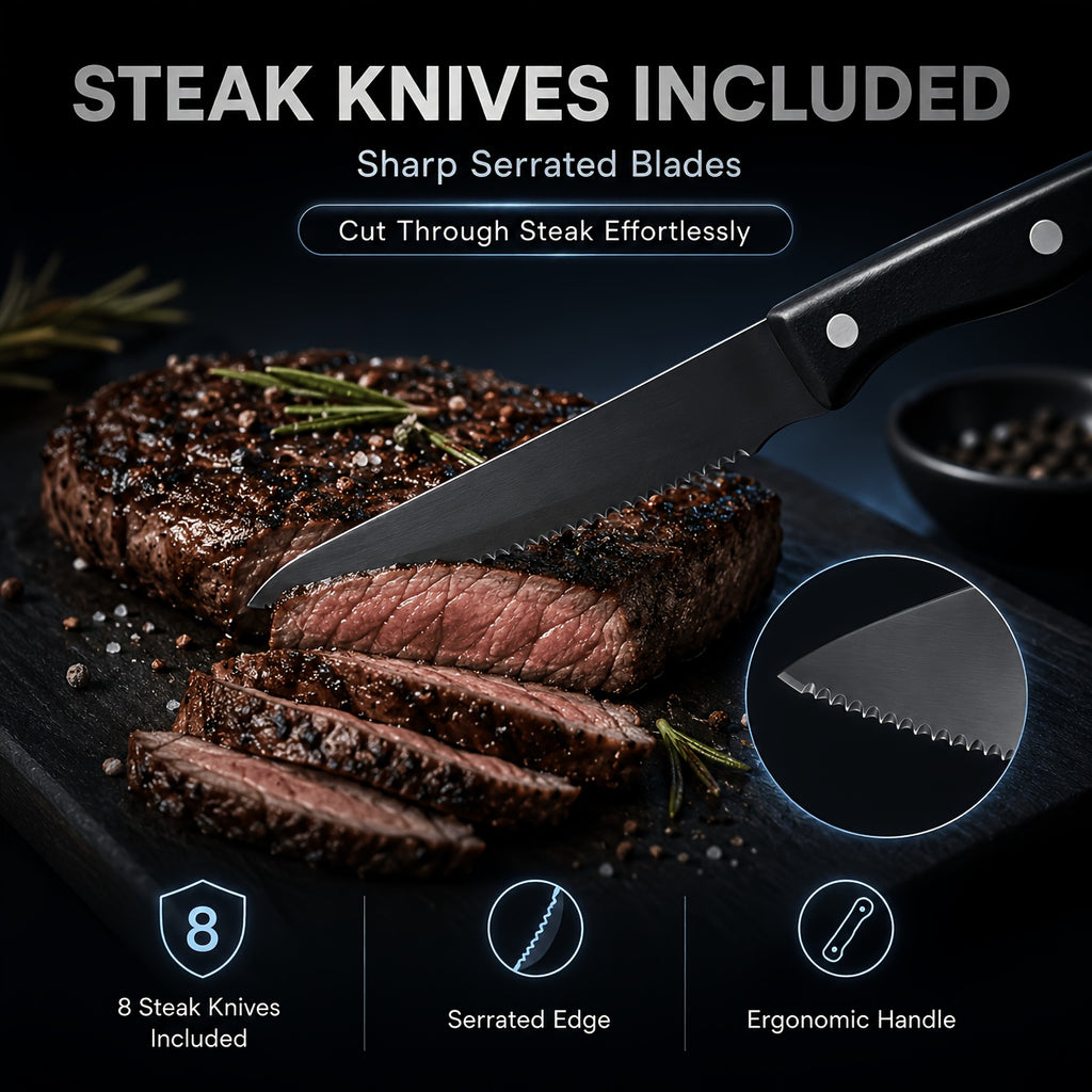 48pcs Black Silverware Set with Steak Knives Service for 8, Stainless Steel Flatware Set, Mirror Polished Kitchen Additions, Home Kitchen Party Eating Tableware Set, Includes Fork Knife Spoon Set, Dishwasher Safe