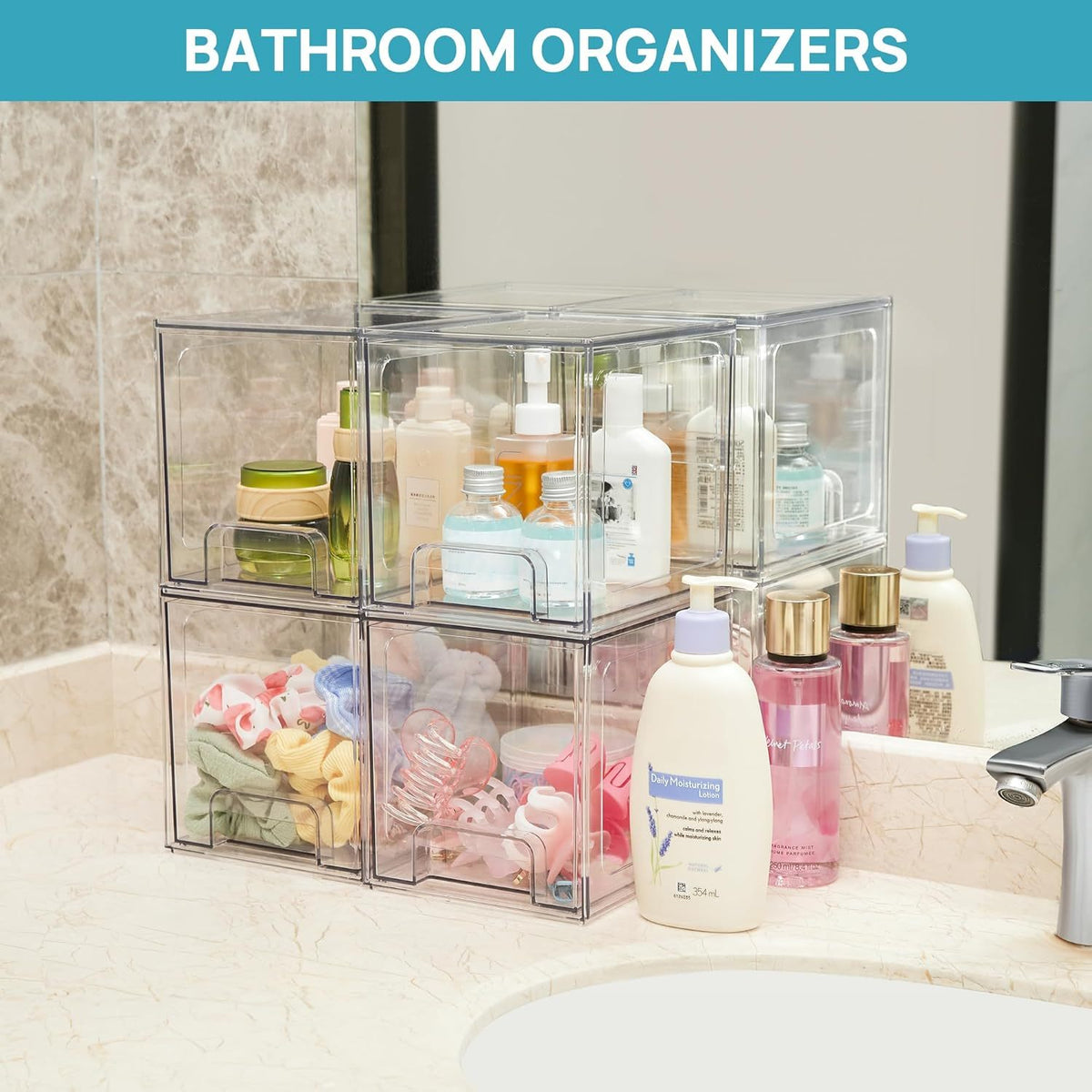 4 Pack Stackable Storage Drawers, 7.5"D X 6"W X 6.6"H Acrylic Bathroom Makeup Organizers, Clear Plastic Storage Bins for Vanity, Perfume Organizer