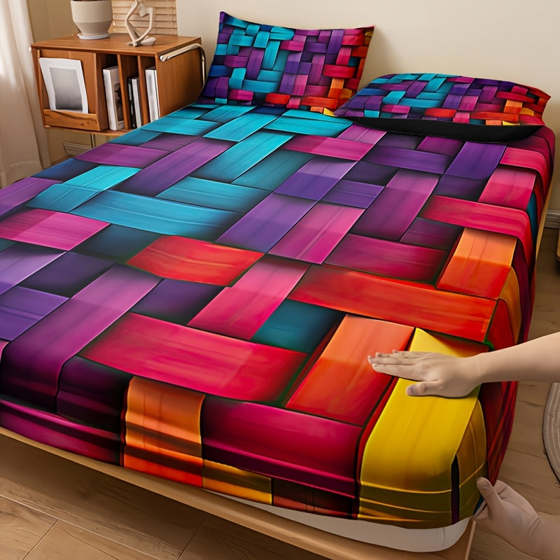 2D Flat 3pcs Cool Technology Digital Printing Material Plaid Fitted Sheet(1pc Bed Sheet+2pcs Pillowcase No Filling)Deep Pocket In 15 Inch At Home Dormitory Suitable for All Seasons Mattress Protector