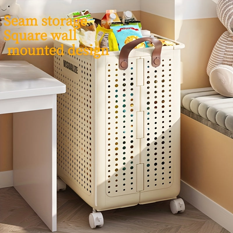 11/15/17.5 Gallon Foldable Laundry Basket with Wheels, Breathable Plastic Rolling Laundry Hamper with Faux Leather Handles, Space-Saving Clothes Storage Bin for Bathroom And Bedroom, Laundry Baskets