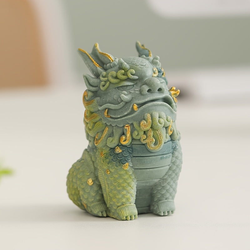 Pixiu Statue with Golden Floral Details, Single Stone Mythical Creature Figurine in Sand, Gray or White for Home Office Tabletop and Cabinet Decor