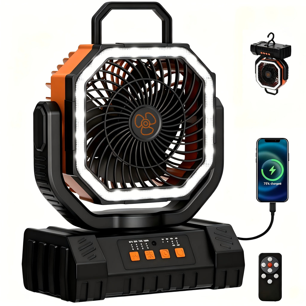Portable Camping Fan with LED Light 20000Mah Rechargeable Battery Remote Control And Oscillating Function, 4 Wind Speeds, 90° Oscillation, 1-8 Hour Timer, Remote Control Included. Suitable for Indoor And Outdoor Use, Tents, Travel