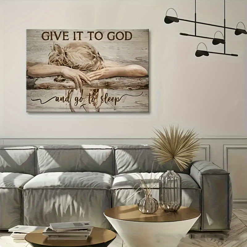 1pc Framed Painting Sleeping Girl Give It To God And Go To Sleep Canvas Posters And Prints Wall Art Pictures With Frame For Living Room & Bedroom, Home Decoration, Festival Gift For Her/Him, Ready To Hang  for Halloween&Christmas