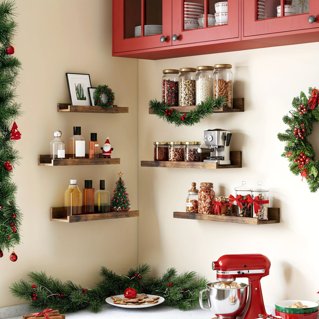 Floating Shelves in Six Sizes, 6-Piece Wall Mounted Ledge Set in Brown, White or Black for Bedroom Displays, Bathroom Storage and Living Room Decor