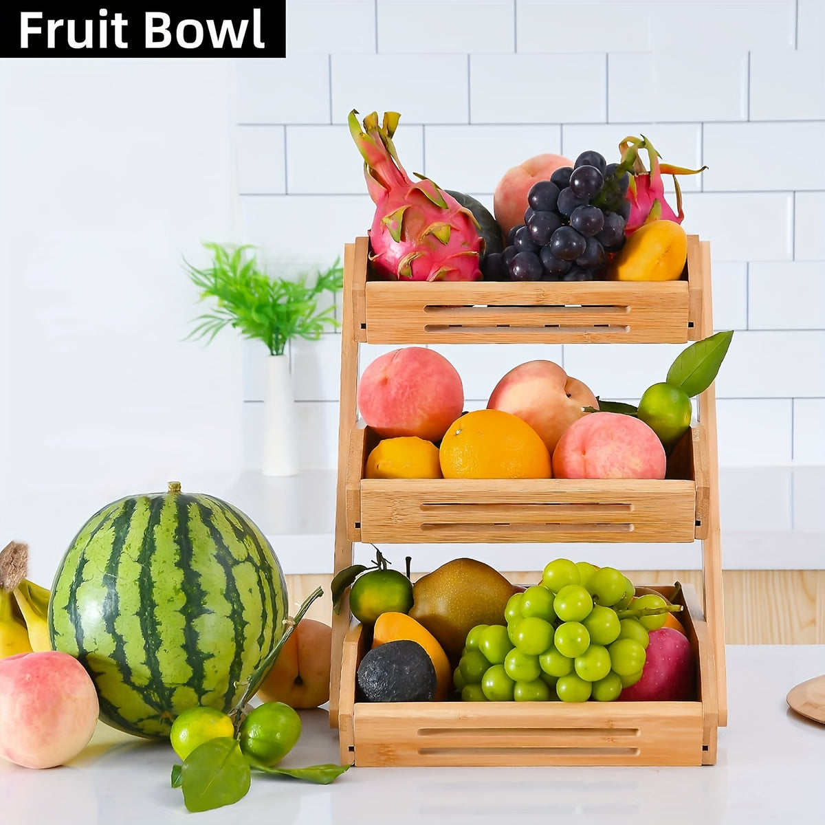 3/2-Tier Wooden Fruit Basket Stand - Large Capacity Kitchen Organizer with Open Slat Design for Vegetables, Bread & Produce | Multi-Level Countertop Storage Shelf - Easy Assembly & Natural Wood Finish