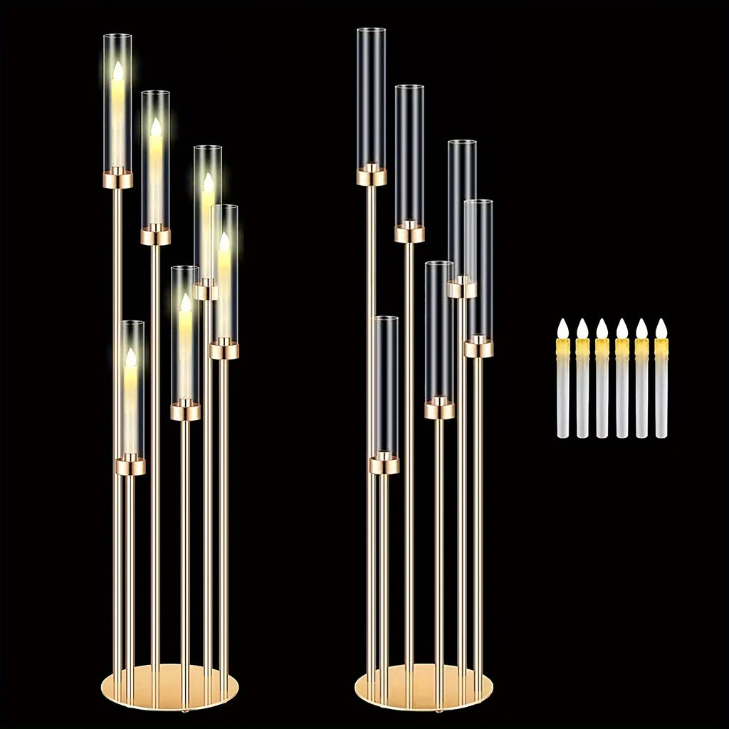 2 Sets Floor Candelabra 6 Arms 46'' Tall Candle Holder with 12pcs LED Candle for Valentine's day, Candelabra Centerpieces for Table, Metal Candlestick Set with Acrylic Lampshade for Wedding Decor (Golden) Seasonal Holiday Decoration,Candleholders
