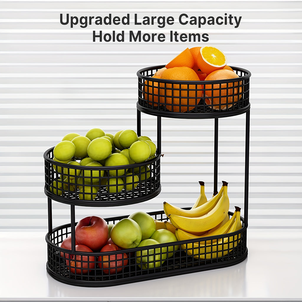 Large Capacity 3-Tier Black Metal Fruit Basket, Efficient Kitchen Organization, Perfect for Fruits, Vegetables, Bread, Snacks